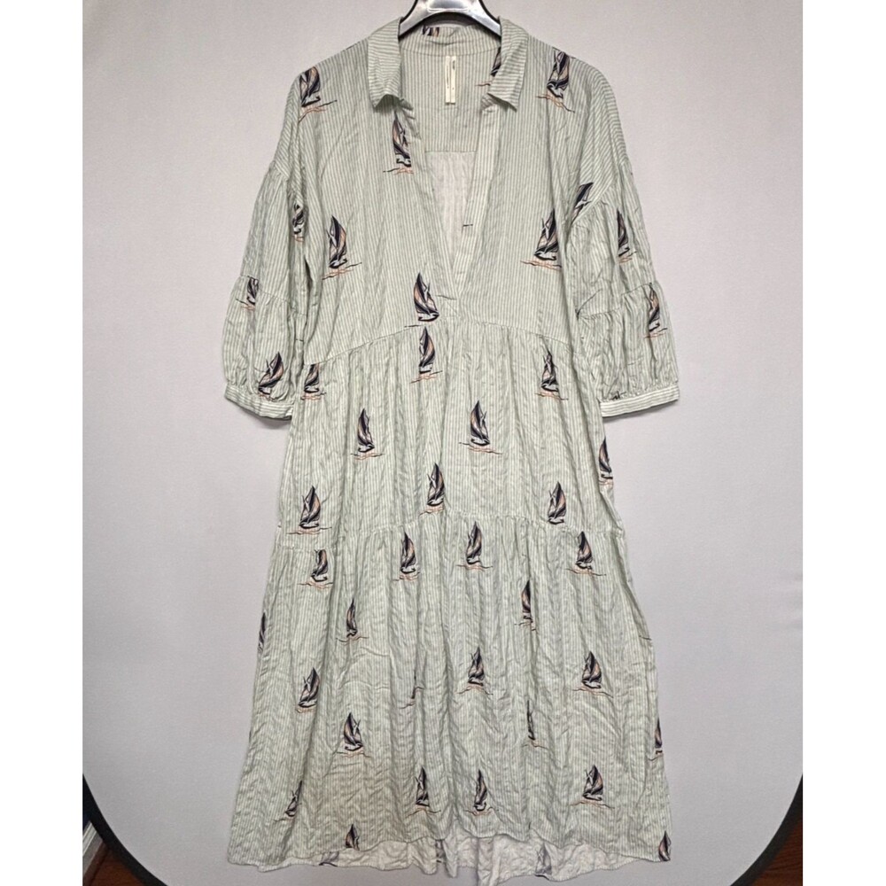 by Anthropologie Women Long Sleeve Tiered Maxi Shirt Dress XL X-Large D132 -21